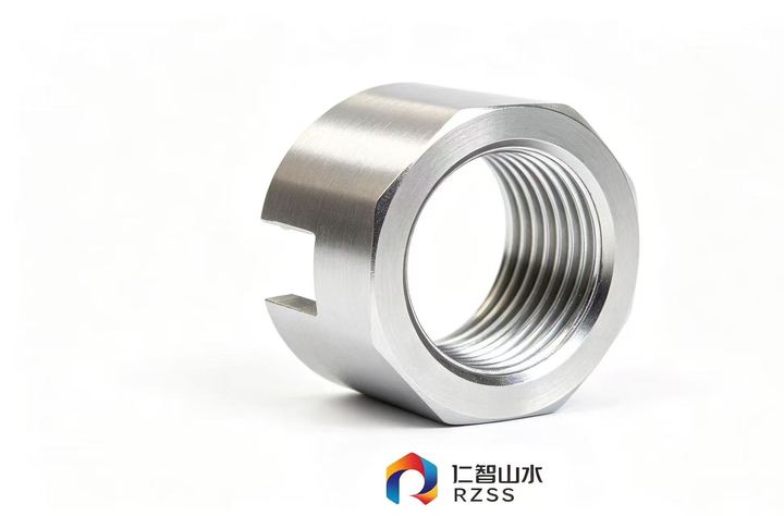 Stainless steel slotted round nut showing material grade and machined finish