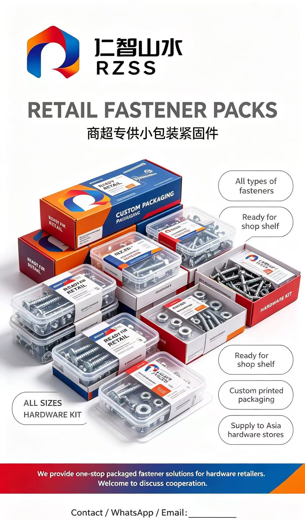 Retail fastener packs — blister boxes, colour boxes and hardware kits ready for shop shelves